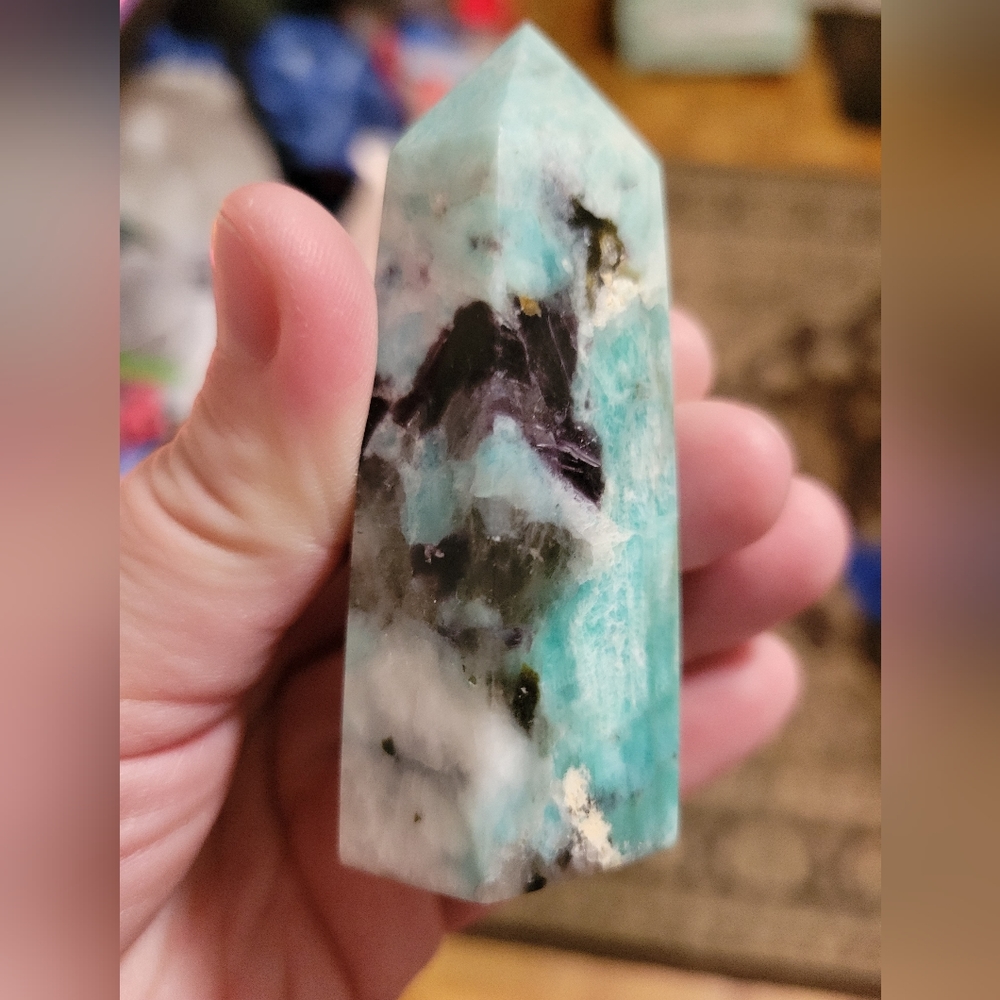 Amazonite tower with smokey quartz